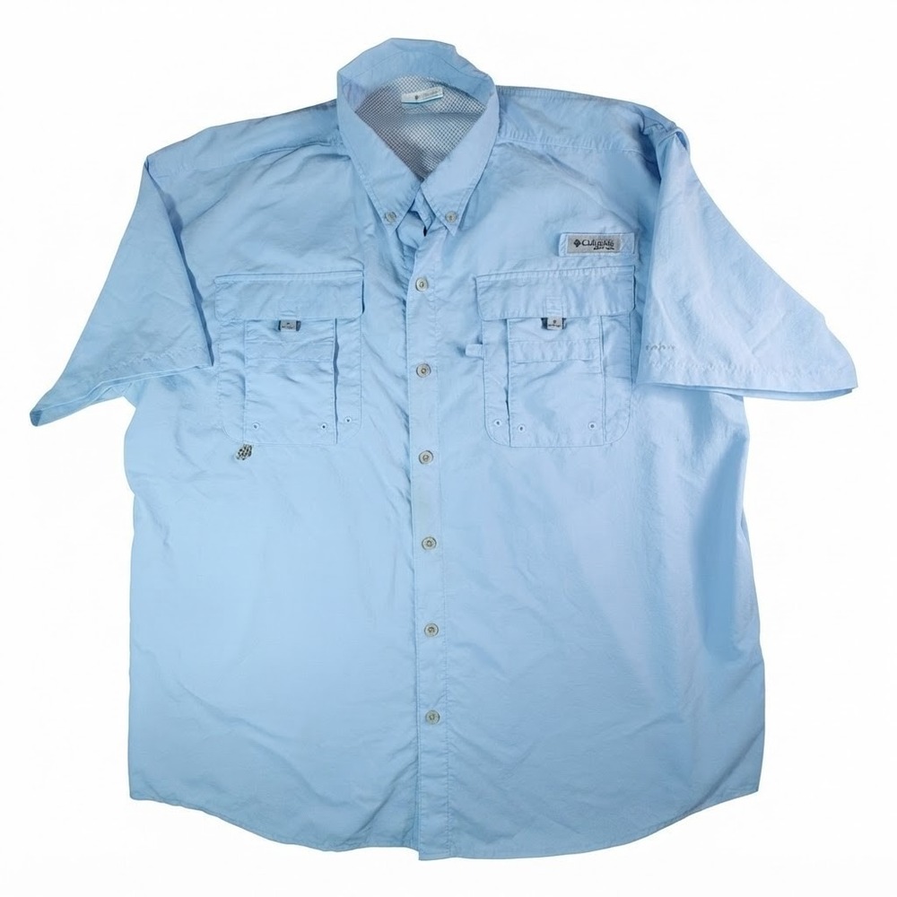 Columbia PFG Bahama II Mens Large Light Blue Short Sleeve Vented Fishing Shirt L